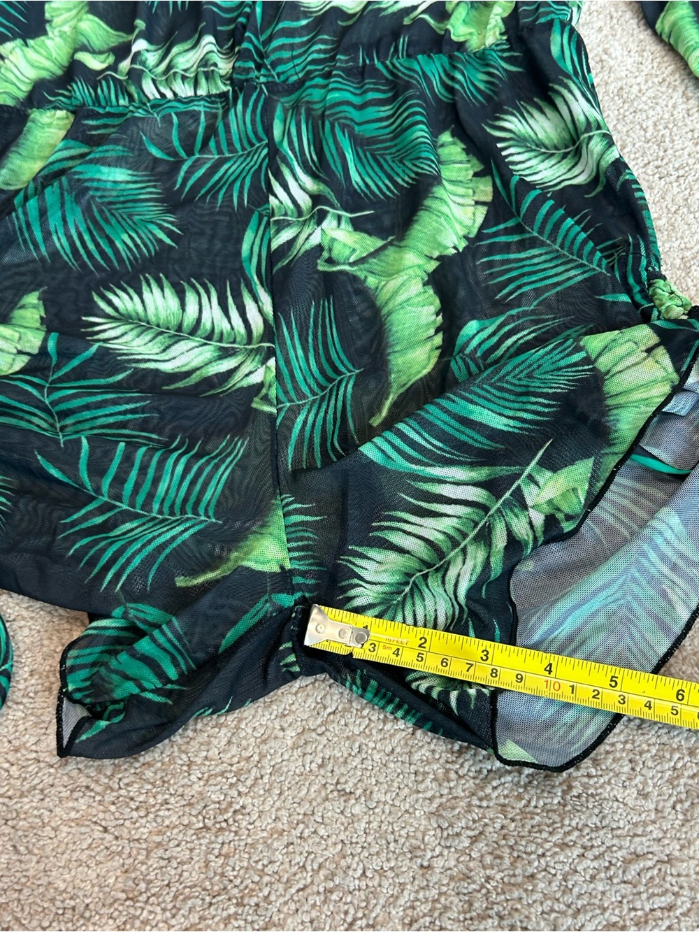 Tropical Palm Leaf Sheer deep plunge Romper Cover-Up Long Sleeve Black Green M - Picture 11 of 16